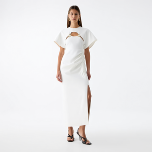 <span class=keywords><strong>Abito</strong></span> <span class=keywords><strong>Midi</strong></span> da Donna Elegante e Minimalista su Misura, Bianco, <span class=keywords><strong>con</strong></span> Collo Alto, Cut-out, Anello Dorato, Maniche a Volant e <span class=keywords><strong>Spacco</strong></span> Alto, per Feste - Product Image 2
