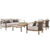 Nordisches Outdoor-Sofa-Set aus Massivem Teakholz, PE-Rattan Gartenmöbel, Wasserfeste Gepolsterte Lounge-Sofa-Stuhl-Tisch-Kombination