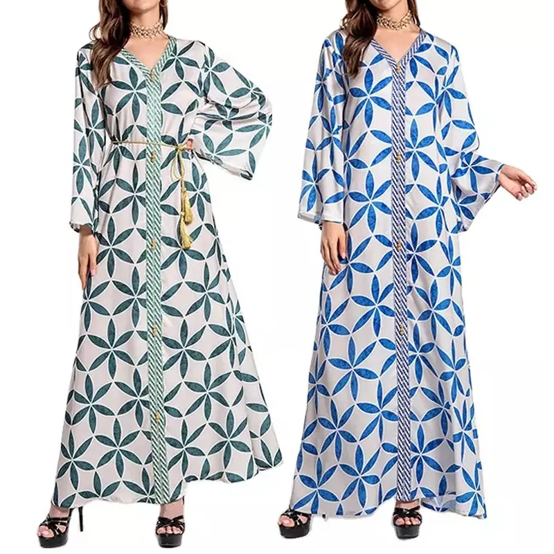 Ll116 Moslim Dubai Kaftan Damesmode Print Luxe Abaya Ontwerpers Kanten Gewaad Jurk