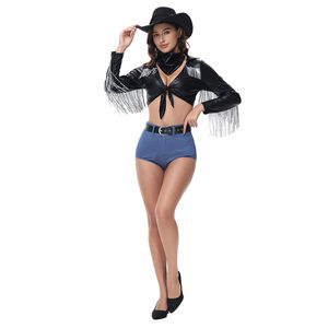 Carnaval Halloween Lady Black Leather <span class=keywords><strong>Sexy</strong></span> West Cowboy Costume Pioneer Cowgirl Tassels Clubwear Roleplay Cosplay Shorts y Tops - Product Image 2