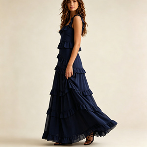 <span class=keywords><strong>Vestido</strong></span> Maxi <span class=keywords><strong>Azul</strong></span> <span class=keywords><strong>Marino</strong></span> con Volantes en Capas para Mujer, Cuello Cuadrado, Sin Mangas, Fluido, Elegante, Casual, de Verano - Product Image 3
