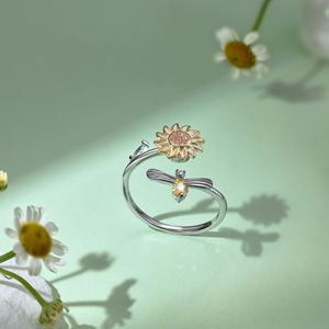 Dylam <b>Dainty</b> Dichroic Plating 925 Sterling Silver Sunflower Bee Shape Adjustable Open Anxiety Spinning <b>Rings</b> for Women - Product Image 3