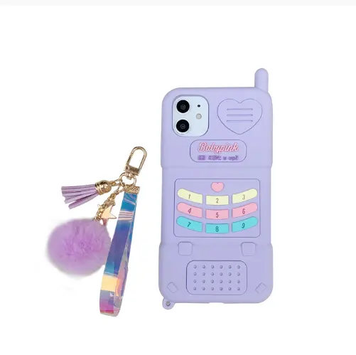 3D Retro Cell Phone Case for iPhone 12 Mini 11 Pro XS Max Mobile Phone Case With Fur Ball Key Chain Soft Silicone Cover
