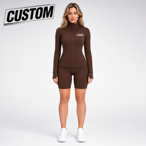 Custom Women's Solid <b>Yoga</b> Tracksuit Full Sleeve Mock Neck Zipper <b>Jacket</b> Matching Shorts Breathable Seamless Spandex/Nylon 220g - Product Image 4