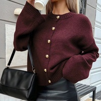 Cardigan en tricot à manches longues pour femme, col rond, boutons dorés, couleur unie, coupe ample, automne-hiver, personnalisable OEM ODM