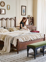 Lit Rétro Français en Bois de Cerisier Massif avec Tête de Lit en Cuir Souple, 1,81 m x 5 m, Lit Double Style Antique, Meuble de Chambre