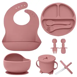 Food Grade Soft Silicone Baby Tableware Set 8 Sets Easy to Clean Waterproof Feeding Set for Kids