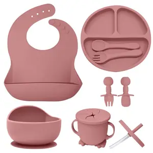 Food Grade Zachte Siliconen Baby Servies Set 8 Sets Gemakkelijk Schoon Te Maken Waterdichte Voedingsset Voor Kinderen