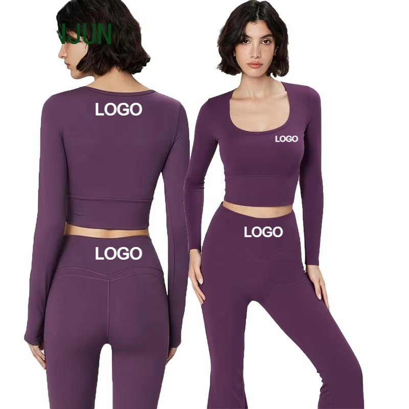 Support Custom Logo Fall Winter Yoga Top Built-in Bra Women Long Sleeve Crop Top Quick Dry Fixed Pad Sports Fitness Activewear