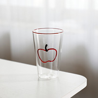 Schattig fruitdesign glazen tumbler 400ML hoog borosilicaat glas met gekleurde rand, handgeschilderd appel-perenpatroon, helder glas