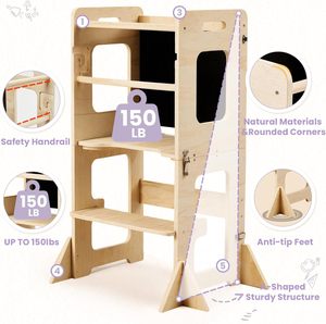 Labebe Toddler Standing <b>Tower</b>, Montessori Foldable <b>Learning</b> <b>Tower</b> with Blackboard, Anti-tip Structure Design Furniture - Product Image 3