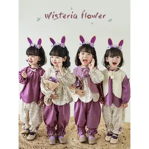 Оптовая продажа, фиолетовая кукольная рубашка с большими лацканами для девочек, милый Свободный Топ с трехмерным бантом, детские цветочные брюки, комплекты одежды для сестер-близнецов