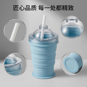 Vaso Plegable Portátil de Silicona con Pajita, Color Azul Claro, para Viajes - Product Image 4