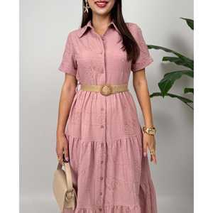 Vestido Camisero Amarillo con Cinturón, Cuello Camisero, Tejido Transpirable, Estilo Casual Diario, Largo Midi, Cintura Natural - Product Image 5