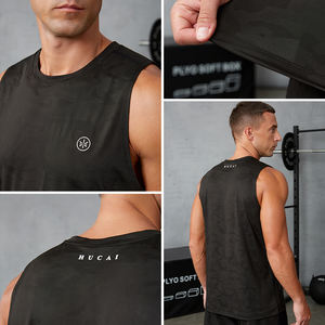 HUCAI カスタム ポリエステル 3D シリコンプリント 迷彩柄 ジャカード ホロー トレーニング ランニング シングル ジム ワークアウト タンク トップ メンズ - Product Image 2