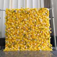 Mur de fond en tissu 3D enroulable avec roses jaunes artificielles, panneau de fleurs artificielles pour décoration