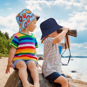 Baby Toddler Bucket <b>Hat</b> with Custom Logo Leaf Pattern Sun Protection Wide Brim Chin Strap UPF50 Reversible Cap for Kids - Product Image 6