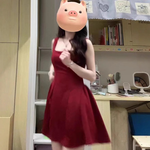 French Red Spaghetti Strap Dress A-Line Tight Waist Solid Color Party Casual Women's Summer Short Skirt - Product Image 1