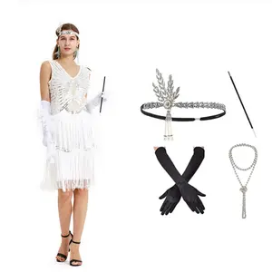 1920s disfraz mujer Flapper vestido con flecos gran Gatsby vestido con rugiente 20s Flapper accesorios pareja disfraces de Halloween