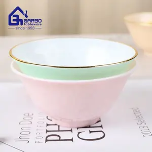 Heat Resistant Opal Glassware Round Shape Tempered Color Spray 4.5 Inches Opal Glass Rice Bowl With Golden Rim