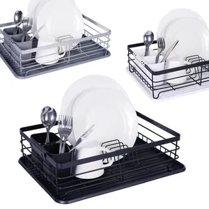 Black Retangular Kitchen Plate Drainer Dish Drying Wire Rack With Removable Plastic Cutlery Holder Tray