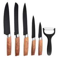 Ensemble de couteaux de cuisine en acier inoxydable, grain de bois électroplaqué, 6 pièces, boîte artisanale, ambidextre, tranchant et durable, bord droit