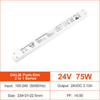 Transformateur de bande LED linéaire DALI et à intensité variable par bouton-poussoir 75W, 100-240VAC vers DC 12V 24V, alimentation à découpage LED CV intérieure IP20