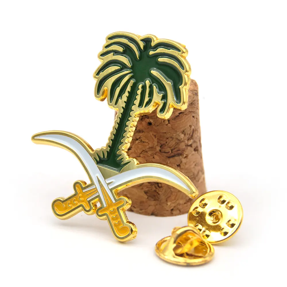 Manufacturer metal enamel gold national day emblem lapel pin badge custom saudi arabia green palm coconut tree pin