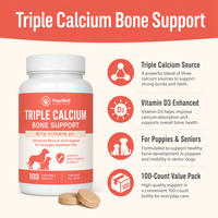 Complément Triple Calcium pour Chiens – Comprimés de Soutien à la Croissance Osseuse 500mg Vitamine D3 – Chiots et Animaux Âgés – 100 Comprimés – Vente en Gros