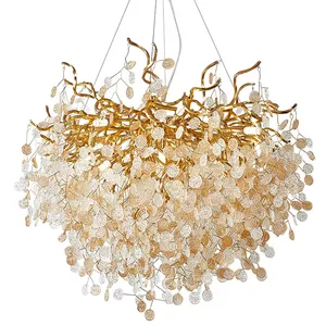 LED铝金吊灯长矩形环彩色水晶黄铜照明豪华吊灯