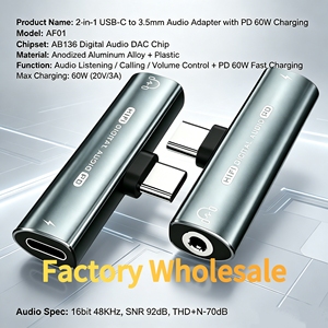 Nouvel <span class=keywords><strong>adaptateur</strong></span> répartiteur USB-C Plug & Play pour usine, avec prise casque 3,5 mm et charge rapide Type-C PD 60W, puce AB136, en alliage d'aluminium, vente en gros - Product Image 1