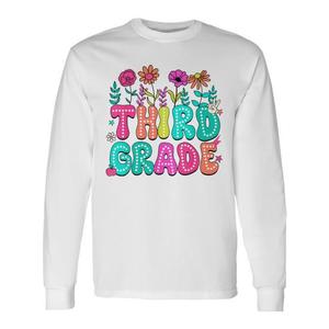 T-shirt a maniche lunghe con motivo floreale di terza elementare, girocollo unisex per bambini, design con fiori selvatici, stampa digitale - Product Image 1