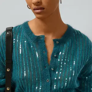 YT Mohair Silk Blend Cardigan Women's Sequin Gradient Knit Cardigan