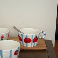 Assiette en céramique Blue Mist Persimmon, rayures bleu clair, irrégulière, façonnée à la main, tasse à café, assiette à fruits profonde elliptique