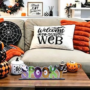 Décoration d'Halloween rustique en bois avec lettres textiles, pour intérieur, maison, bureau, motif fantôme, chauve-souris, yeux d'araignée, forme irrégulière, pièce unique - Product Image 5