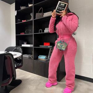 Pakaian Wanita Musim Dingin Tetap Hangat Tebal Dua Potong Hoodie Resleting Atasan dan Celana Panjang Kasual Set Dua Potong Warna Pink - Product Image 4