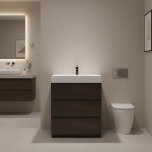 Meuble de salle de bain moderne 30 pouces finition noyer, grand rangement, lavabo en céramique blanc pré-assemblé, design sur pied - Product Image 2