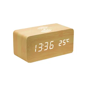 Emf手机无线充电器木制LED闹钟时间日期日历温度气无线充电表时钟