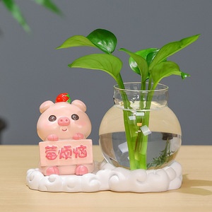 Ornements hydroponiques en résine, décoration de bureau, 2 pièces, style Feng Shui, plantes vertes, vases, fournitures de bureau, cadeau du nouvel an chinois - Product Image 4