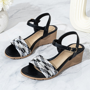 Sandalias de cuña a rayas para mujer, de cuero genuino, con punta abierta, plataforma y cierre de hebilla, transpirables, para verano, al por mayor - Product Image 5