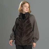 Jxwatcher Nouvelle Collection Hiver – Manteau en Laine Tricotée pour Femme, Style Ample avec Fermeture Éclair et Véritable Fourrure de Lapin Rex, Manches Longues Chaudes et Tendance