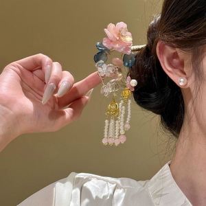 Horquilla de lujo con flor y borla larga, estilo chino, adorno para el cabello con pétalos azules, perlas de hada, decoración para Cheongsam, joyería para moños. - Product Image 1