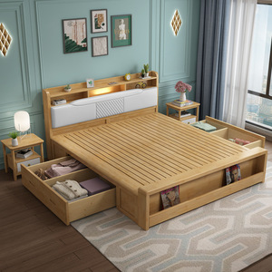 Nordic Solid Wood Bed 1.5m 1.8m Storage High Box Bed With Lighted Headboard Modern Minimalist Japanese Style Bedroom Furniture - Product Image 2
