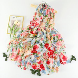 Nuovissimo Design Sciarpe in Misto <span class=keywords><strong>Cotone</strong></span> e Lino di Alta Qualità per Donne, <span class=keywords><strong>Foulard</strong></span> Estivo con Stampa Floreale in Voile di <span class=keywords><strong>Cotone</strong></span>, Copricapo Etnico - Product Image 3