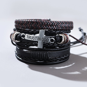 Conjunto de pulseras de cuero trenzado de varias hebras con colgante de confianza en Dios, regalo unisex, joyería - Product Image 1