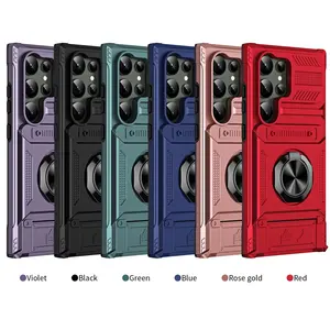 Shockproof Protective Phone Case For Samsung S24 Magnetic Bracket With Card Slot Hard PC Cell Phone Cover For Iphone