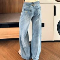 Nouveau style automne : Jean ample respirant pour femme, délavé clair, grande taille, design polyvalent, couleur unie, taille haute