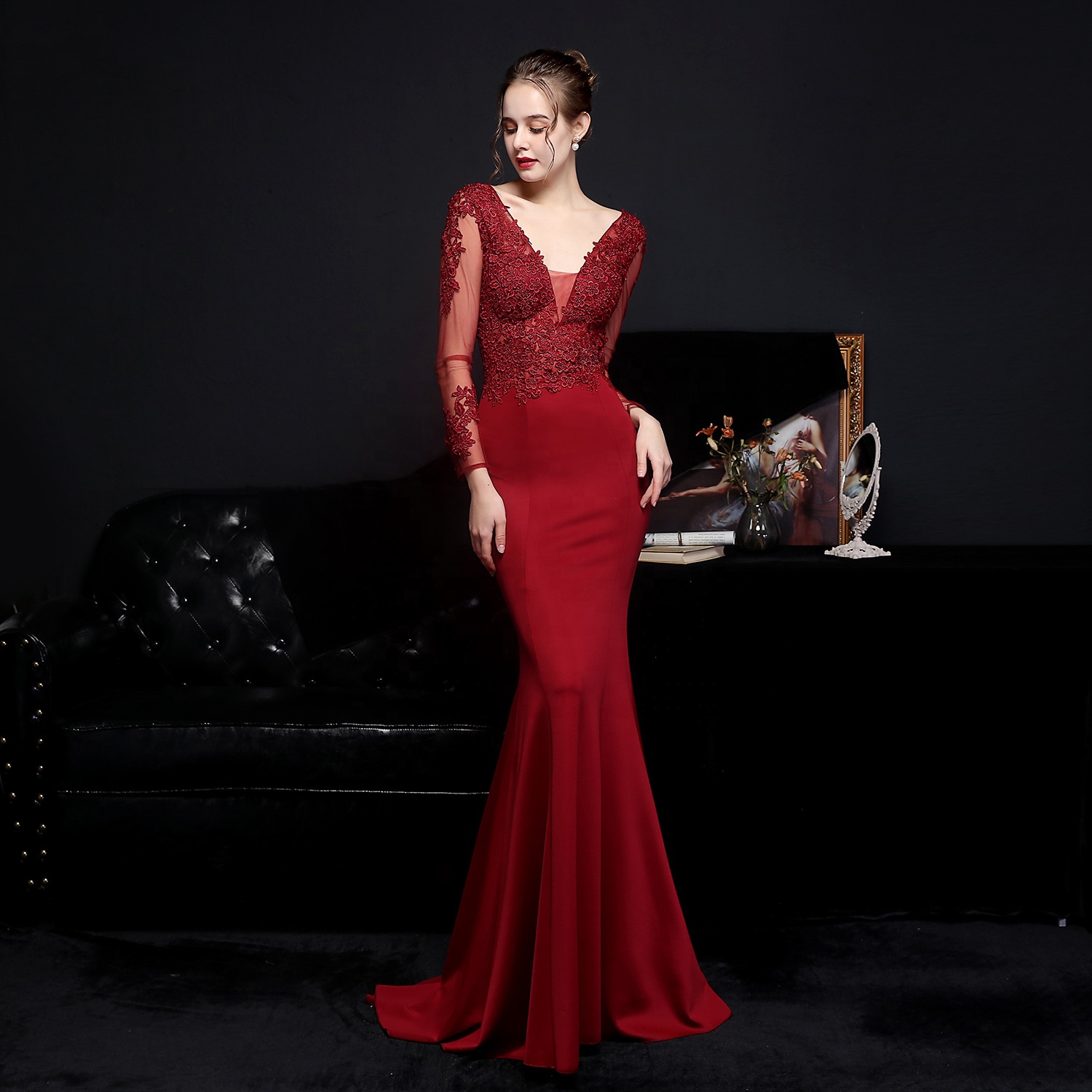 wedding pictures red bridesmaid dresses Velvi - Rylie Gown - Burgundy - Stretch Fitted Dress With Lace Bodice main image 0