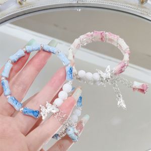 Chinese Style Platinum <b>Beaded</b> Bamboo Joint <b>Bracelet</b> with Butterfly Charm <b>Gold</b>/Silver Plated Sweet Style Jewelry for Women Girls - Product Image 3