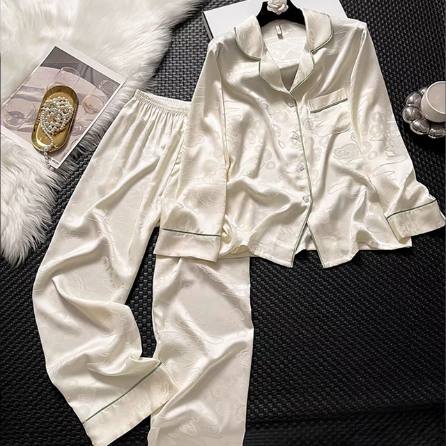 Manufacturers Custom Women's Luxury Sleepwear Sets Breathable Relief Jacquard Silk Satin Pyjama Set 2 Piece Pajama Sets Women